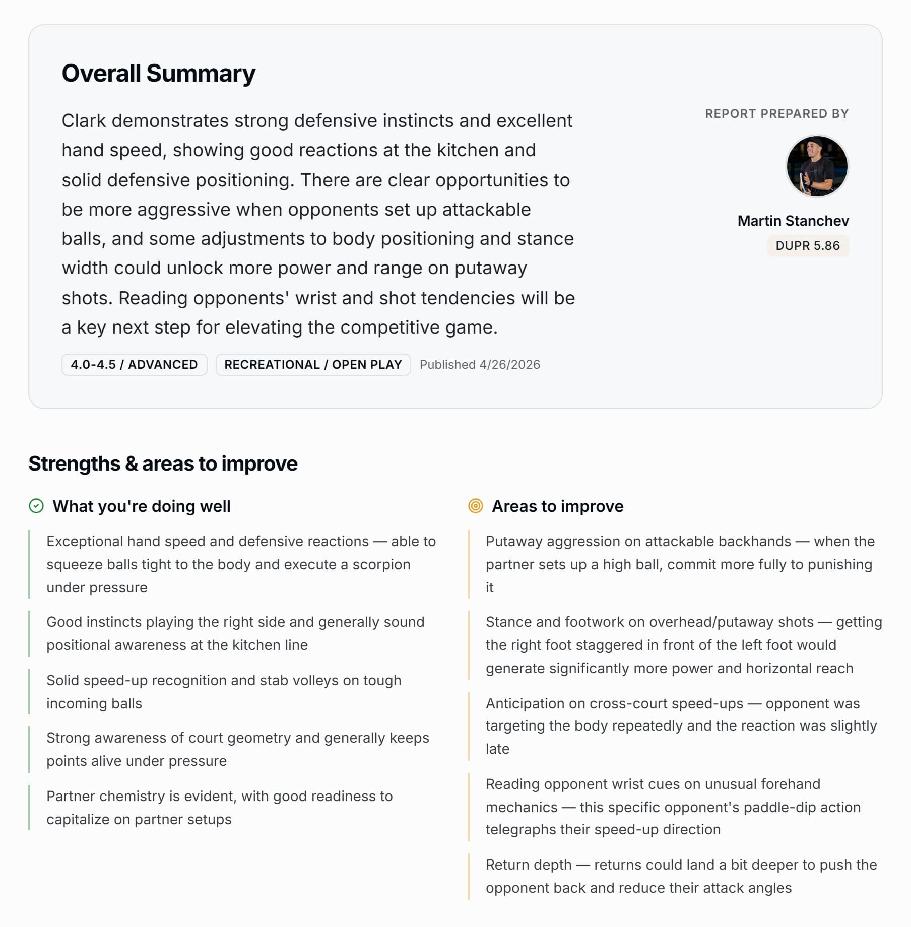 Sample DinkDapp coaching report showing the overall summary, the coach who prepared it, and the player's strengths and areas to improve